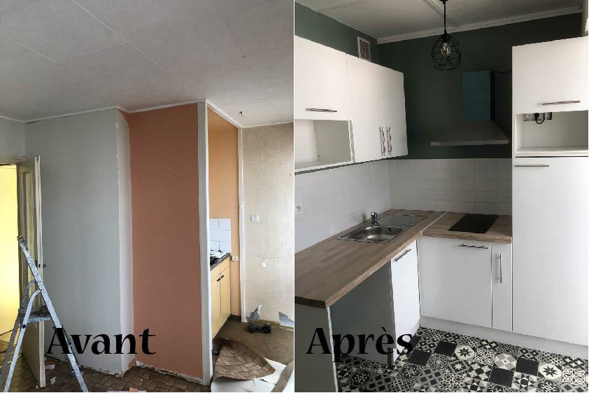 Cuisine rénovée à Bouguenais avec murs peints et carrelage par peintre en bâtiment