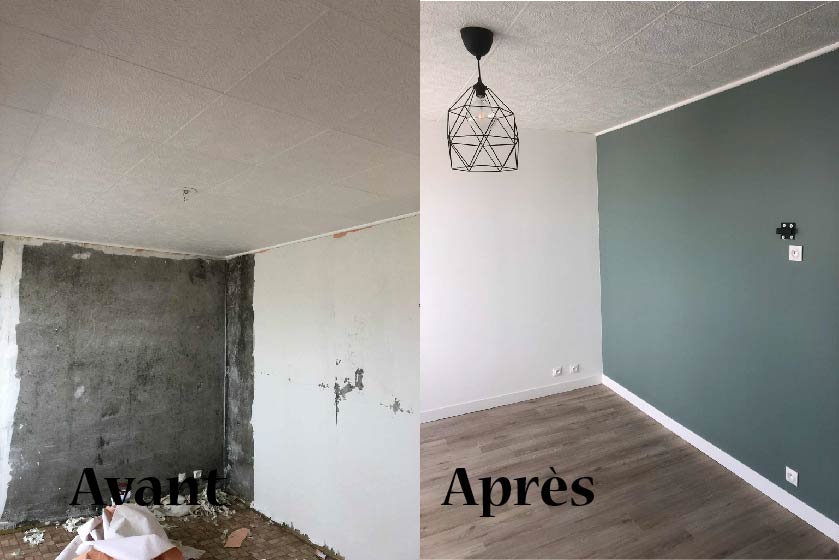 Salon aménagé à Vertou avec finitions de peinture sur cloisons placo par plaquiste