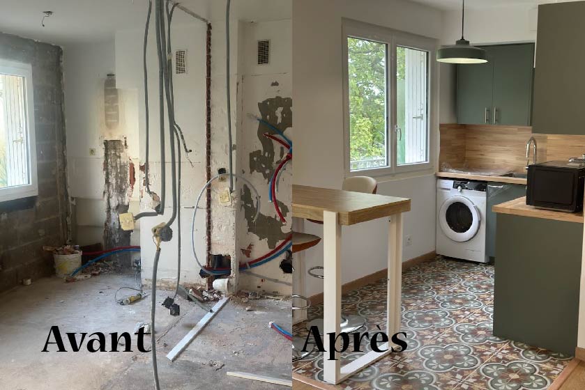 Cuisine aménagée à Orvault avec cloisons placo et finitions par plaquiste avant peinture